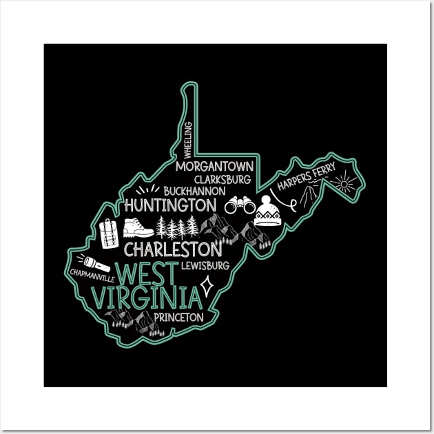 Cute map of West Virginia Charleston Lewisburg Huntington Morgantown Buckhannon Wall Art by BoogieCreates